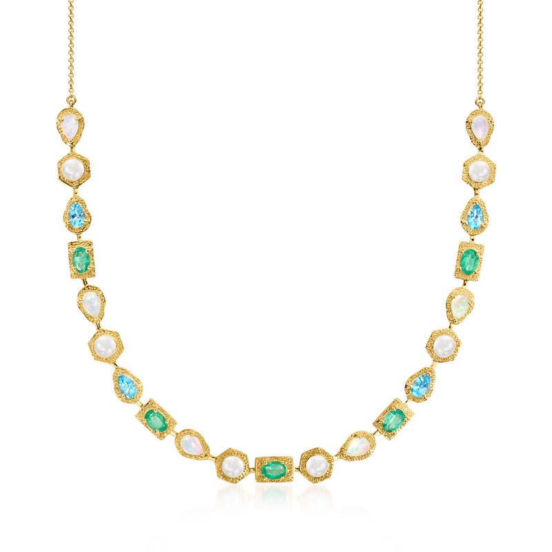 Gold-tone cultured pearl necklace with oval blue and green gemstones on a chain
