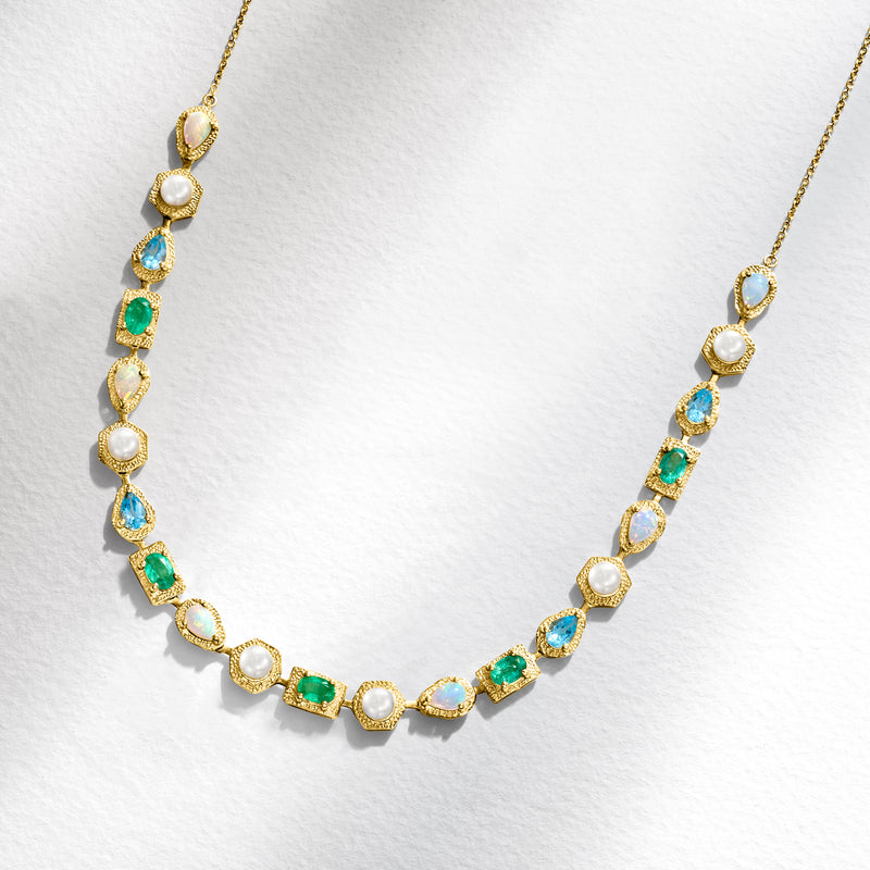 Cultured pearl necklace with oval blue and green gemstones and round white pearl accents