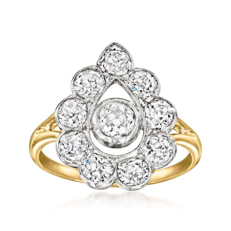 Diamond teardrop cluster ring with platinum prongs and yellow gold band