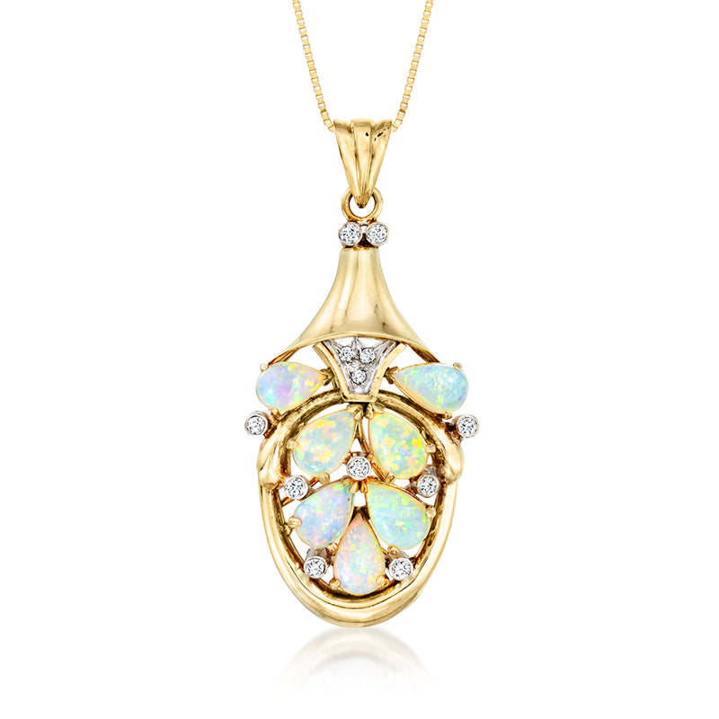 14kt yellow gold opal and diamond cluster pendant necklace with oval opal cabochons