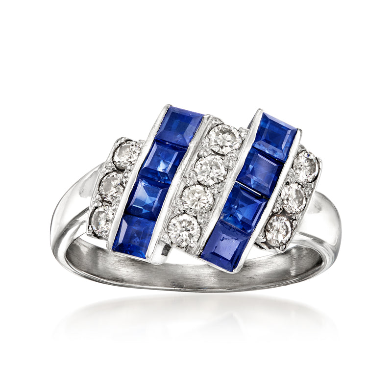 Platinum vintage striped ring with blue sapphire center and diamond halo stones