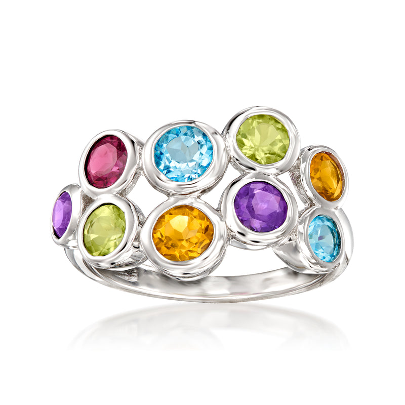 Sterling silver multi-gem bubble ring with round stones in pink, blue, green, purple, gold.