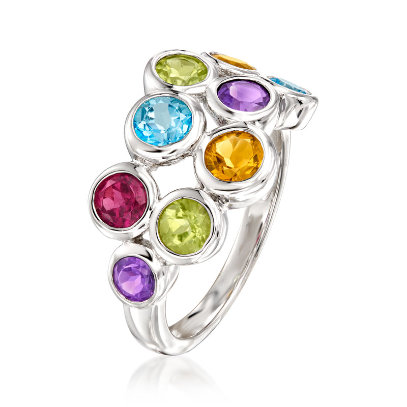 Sterling silver bubble ring angled view with multicolor round gems: blue, purple, orange, green.