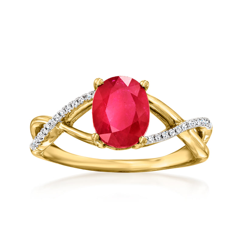 14kt yellow gold open crisscross ring with oval ruby center and diamond accents