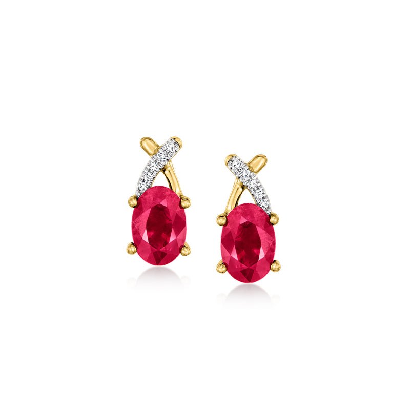 14k yellow gold ruby and diamond crisscross stud earrings with post backs