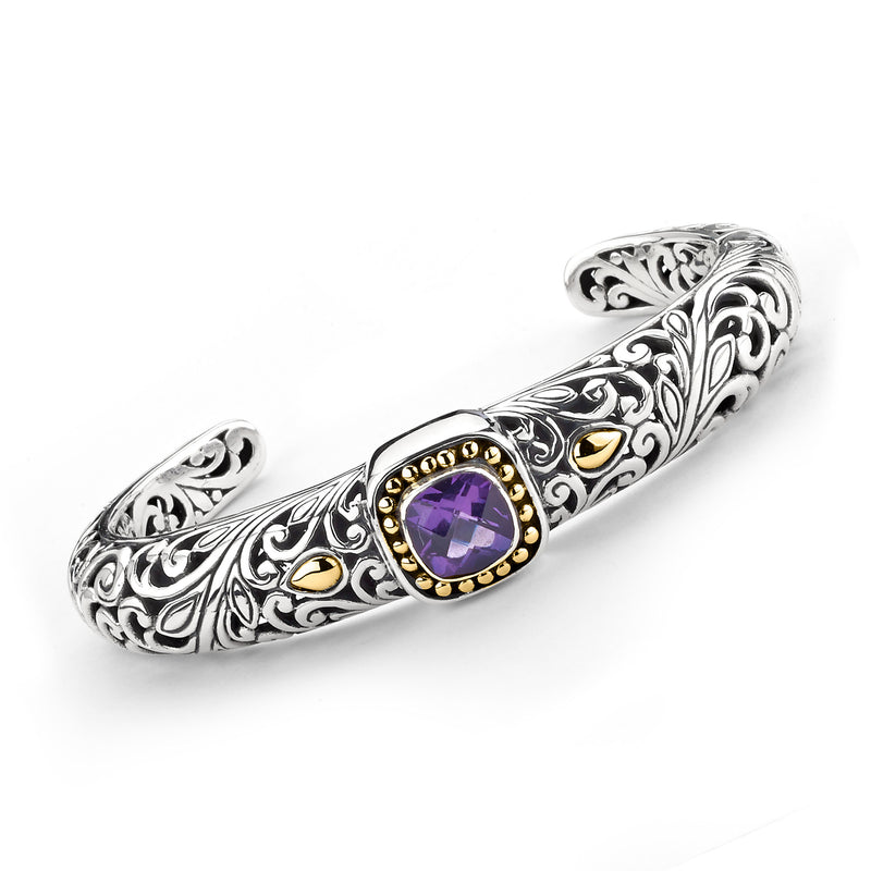 Amethyst cuff bracelet in sterling silver with ornate filigree and 18kt yellow gold accents