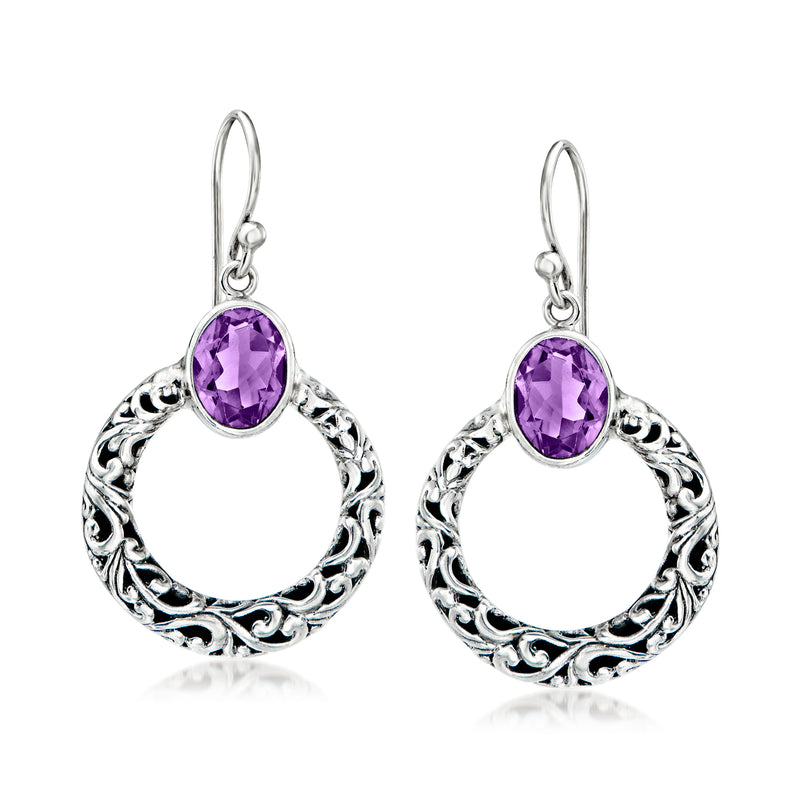 Sterling silver Bali-style circle drop earrings with purple amethyst oval stones