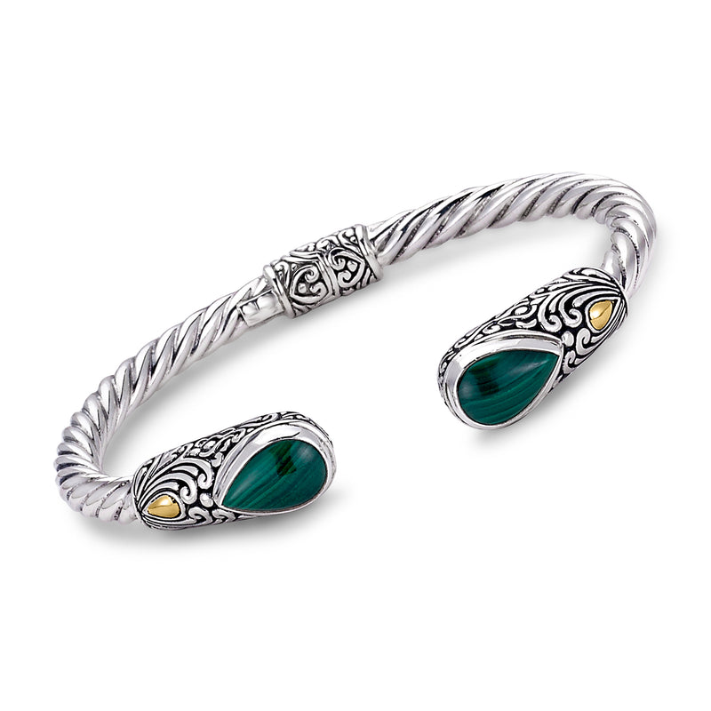 Sterling silver cuff bracelet with twisted braid and oval malachite stones, yellow gold accents