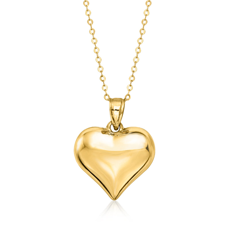 Puffed heart pendant on 10kt yellow gold chain necklace