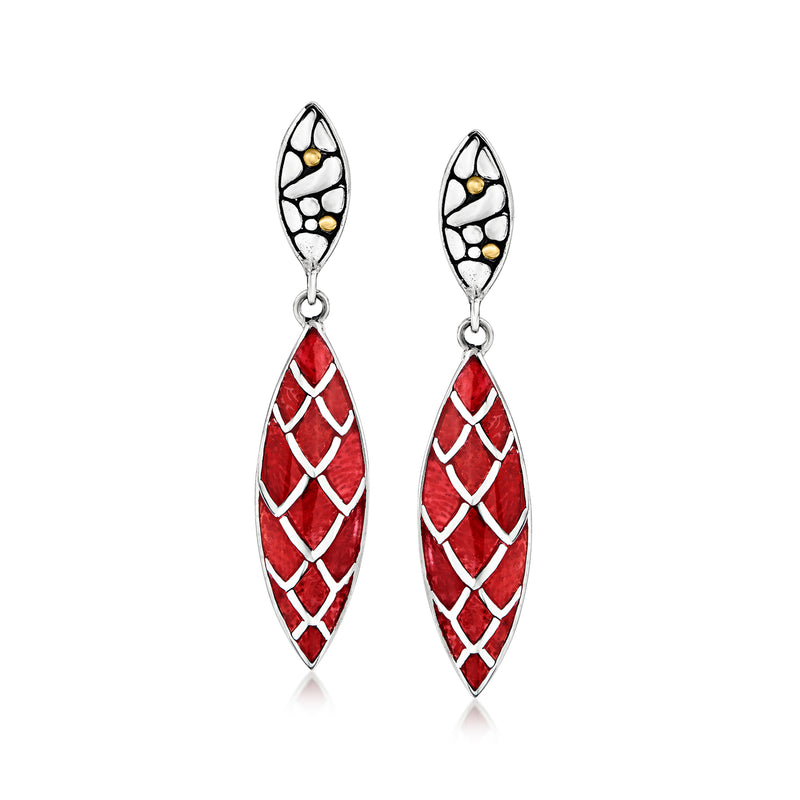Sterling silver drop earrings with red coral oval drops and yellow gold accents