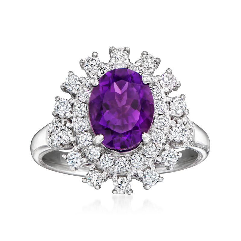 18kt white gold ring with oval amethyst center and round diamond halo