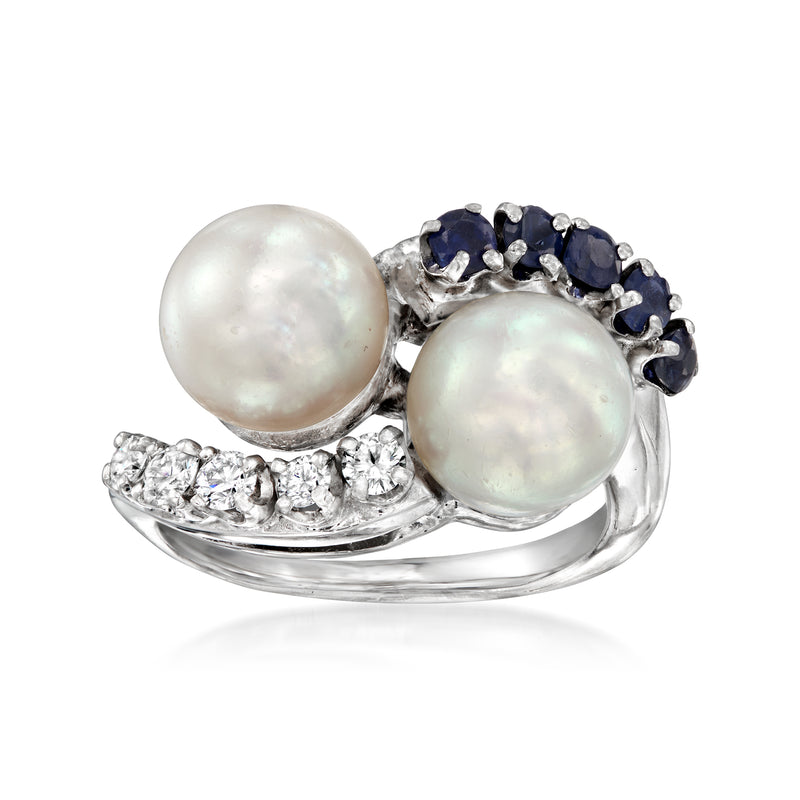 Bypass pearl and sapphire diamond ring in 14kt white gold