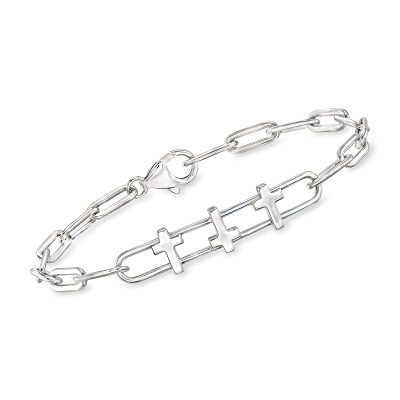 Zina sterling silver cross trio paper-clip link bracelet with three small cross charms