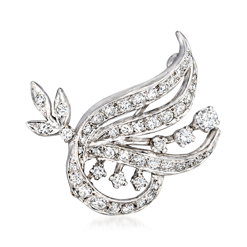 Vintage 14k white gold diamond swirl pin with curved leaf design and round stones