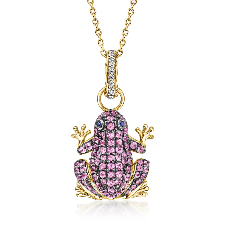 Frog pendant necklace with pink sapphires, diamonds and blue sapphires in gold