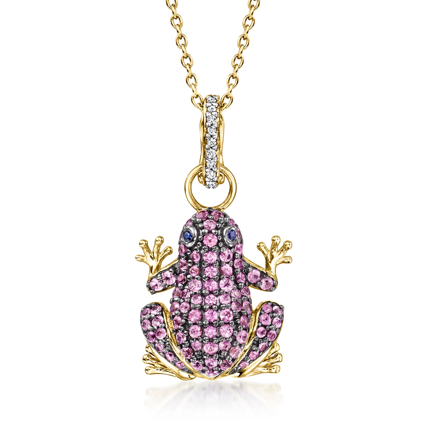 1.10 ct. t.w. Pink Sapphire Frog Pendant Necklace with Diamonds and Blue Sapphires in 18kt Gold Over Sterling