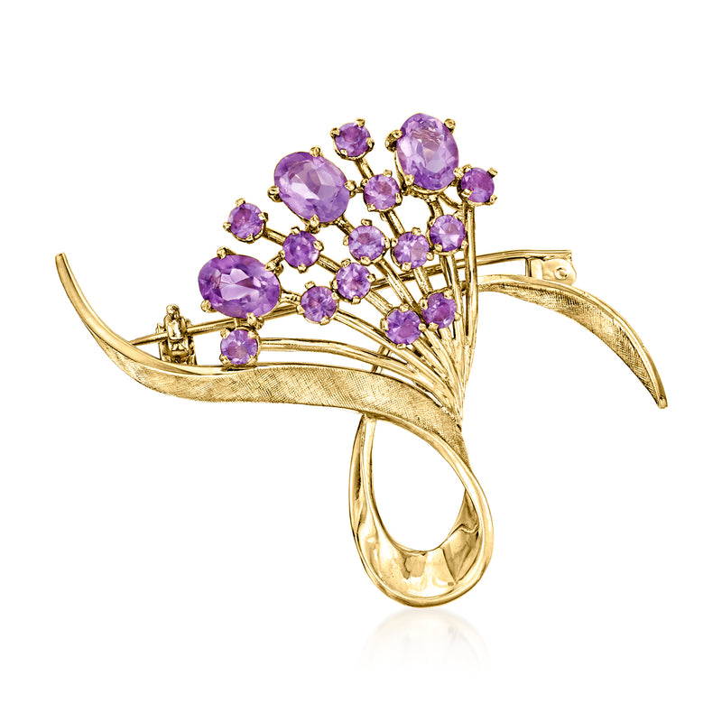 18kt yellow gold amethyst flower bouquet pin with purple gemstones, curved stem design