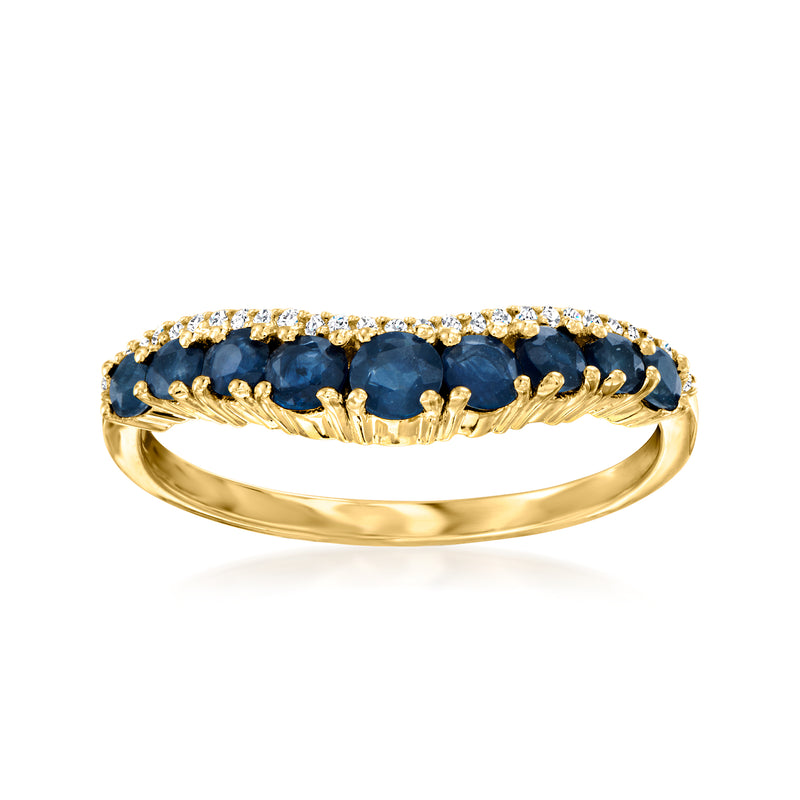14kt yellow gold ring with blue oval sapphires and round diamonds along top
