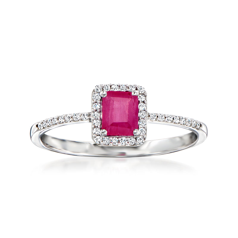 14kt white gold ring with square ruby center and round diamond halo