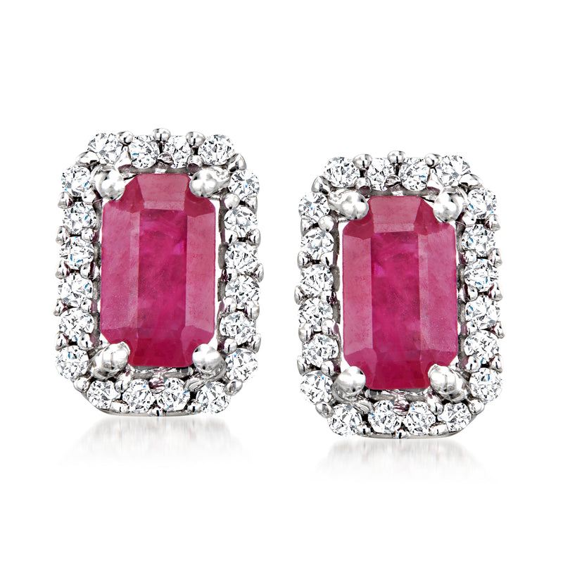Ruby and diamond stud earrings in 14kt white gold, oval halo with post backs