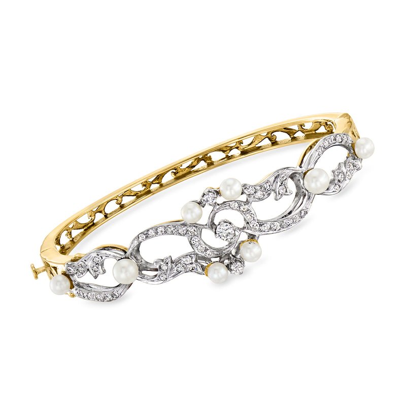 Two-tone gold bangle bracelet with pearls and diamond swirl design