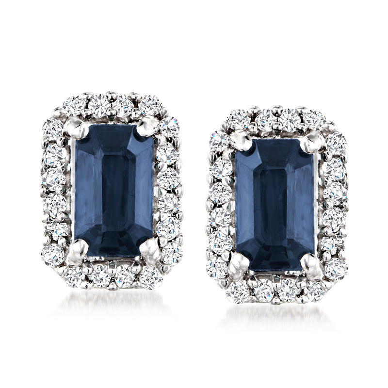 14kt white gold sapphire and diamond stud earrings, rectangular blue center with halo