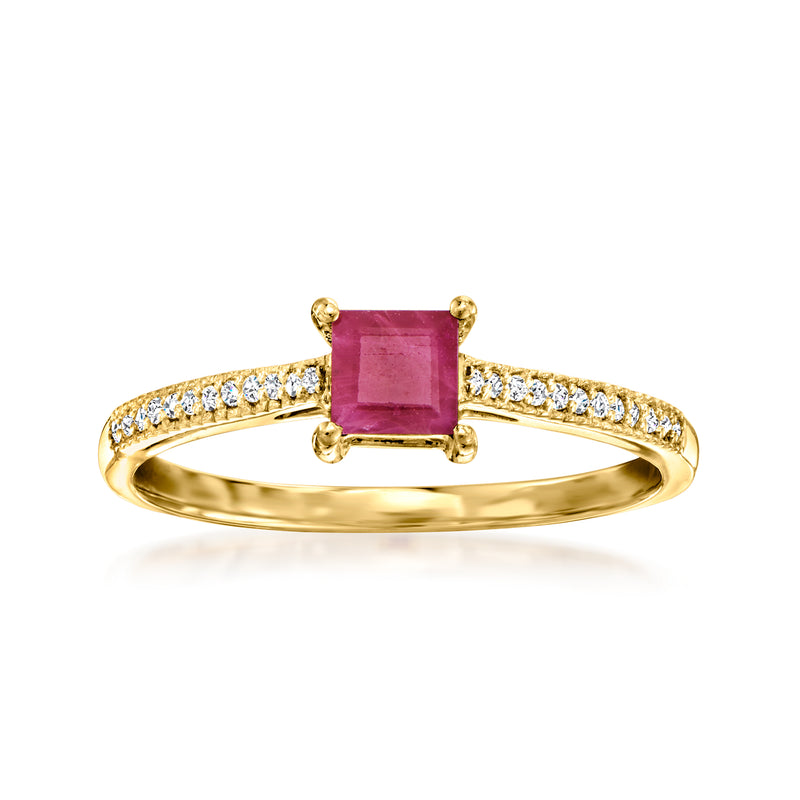 14kt yellow gold ruby square ring with diamond accents