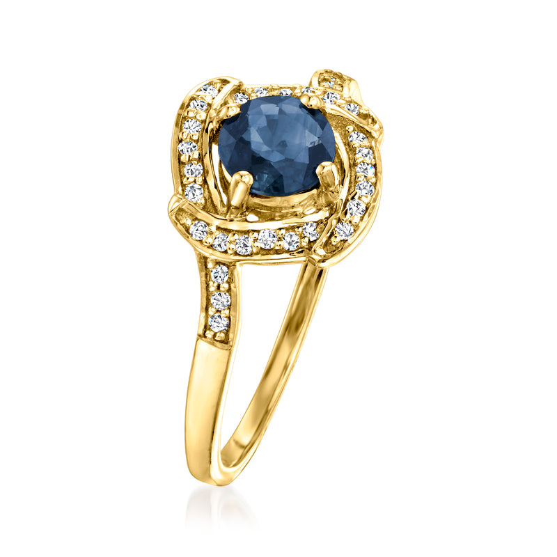 14kt yellow gold sapphire ring with oval blue stone and diamond accents, side view