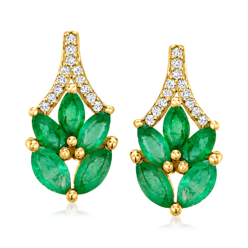 14kt yellow gold stud earrings with green marquise emeralds and diamond accents