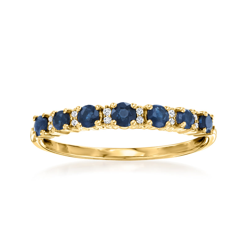 14kt yellow gold ring with oval dark blue sapphires and diamond accents