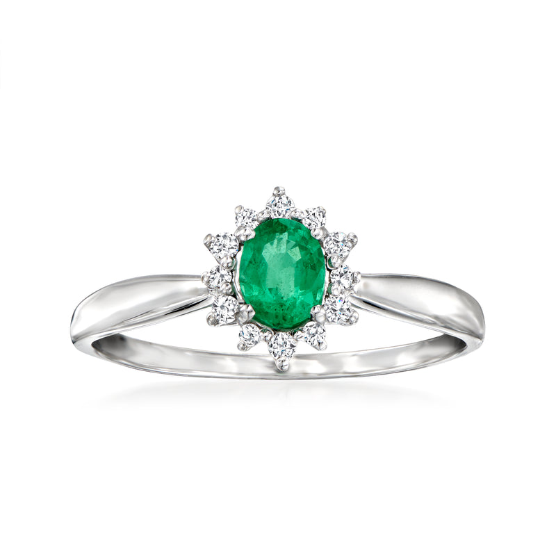 14kt white gold ring with green oval emerald center and diamond halo accents