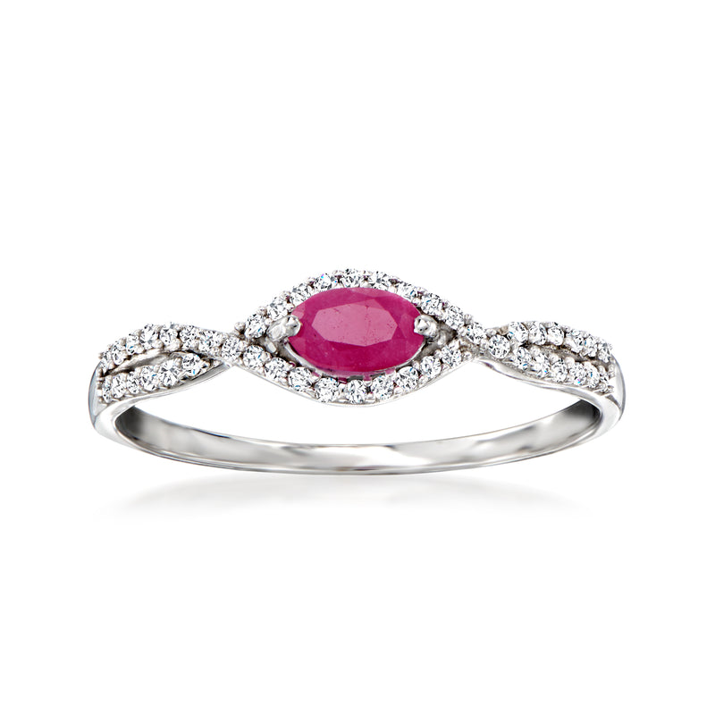 Ruby twisted ring with diamond accents in white gold