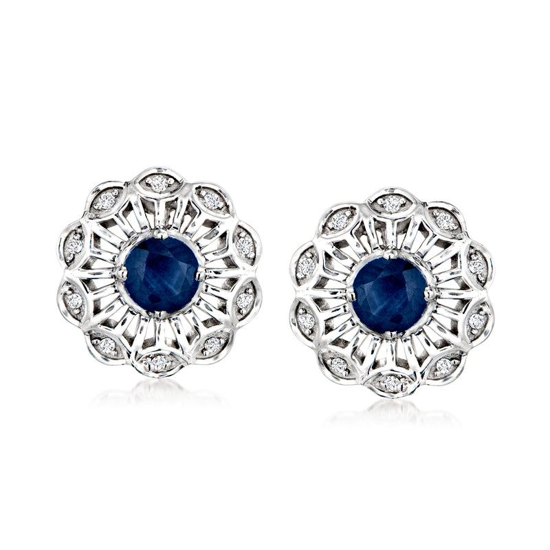 Round sapphire halo stud earrings in 14kt white gold with diamond accents