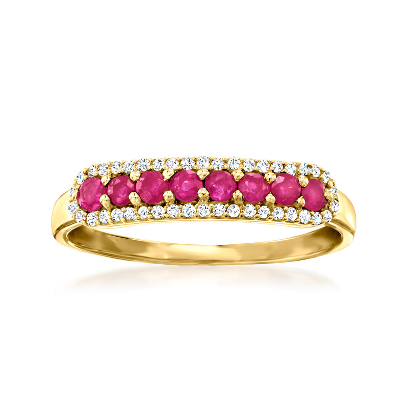14kt yellow gold ruby and diamond band ring with pink oval stones and round diamond row