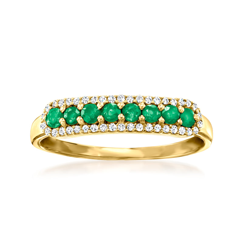 14kt yellow gold emerald and diamond band ring with green emeralds and clear stones