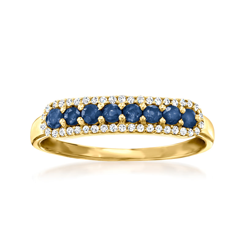 14kt yellow gold sapphire and diamond ring with blue gemstone row and round white stones
