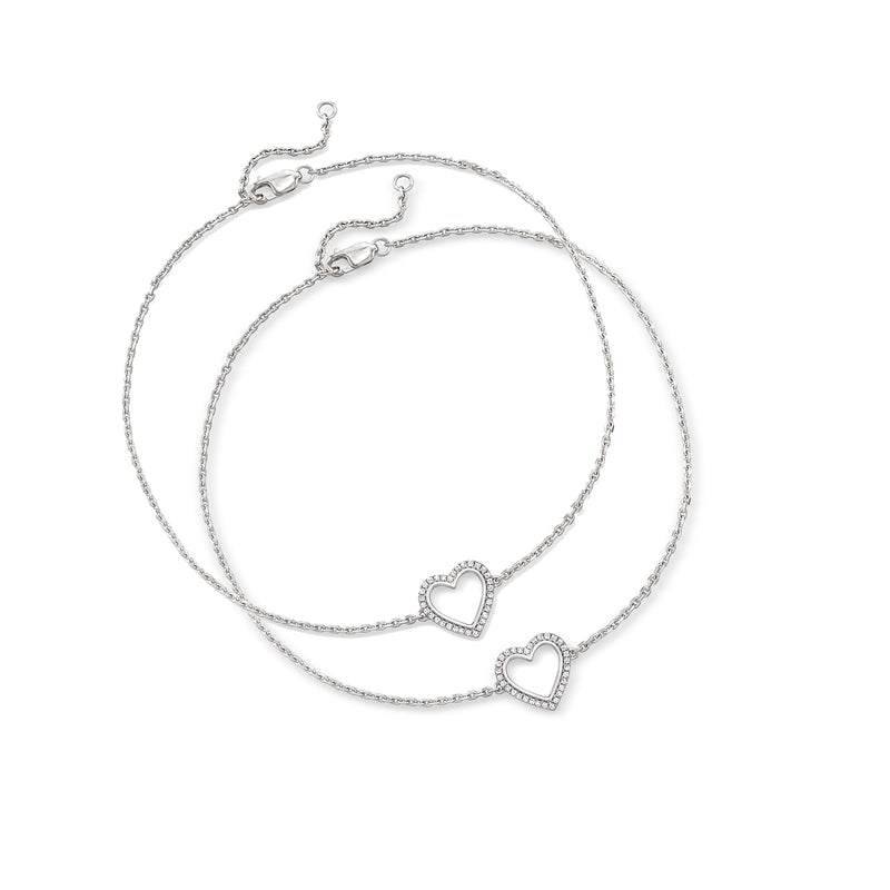 Sterling silver diamond heart anklet set, two slender anklets with heart charms