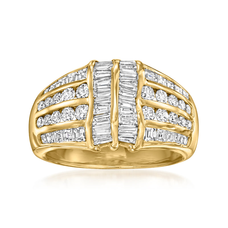 18kt yellow gold diamond dome ring with baguette center and row-set side stones