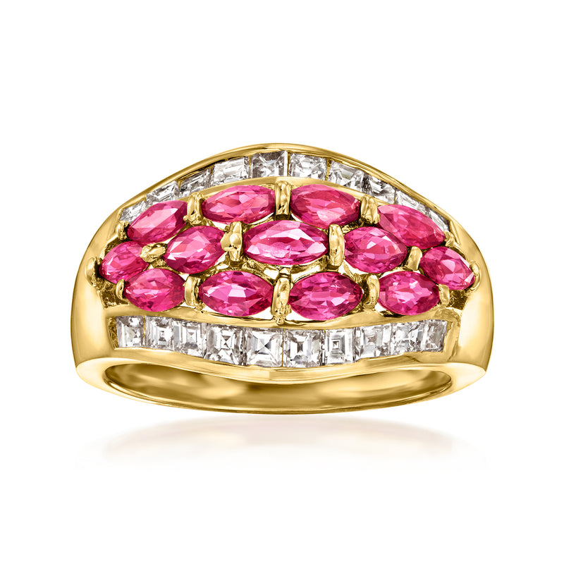 18kt yellow gold dome ring with pink oval rubies and baguette diamond accents