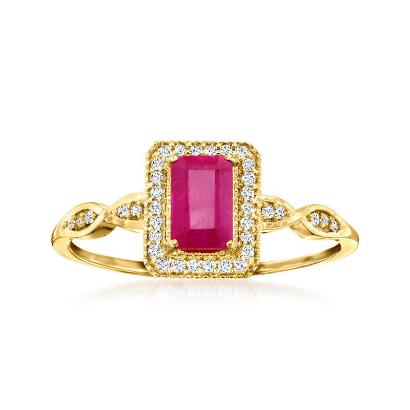14kt yellow gold ring with square-cut ruby center and diamond halo and shoulders