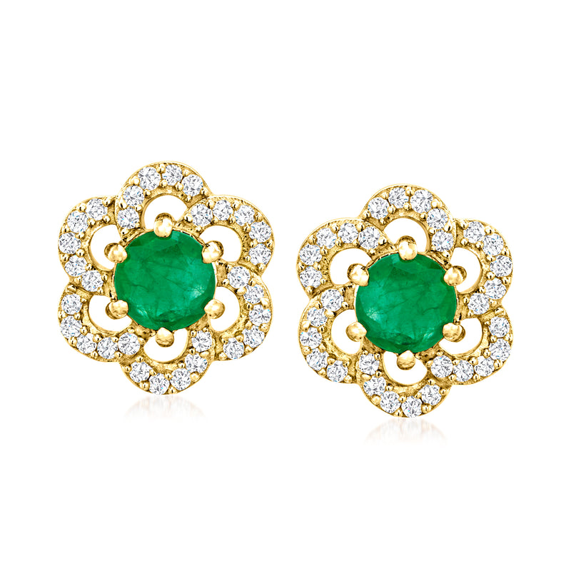 14kt yellow gold flower stud earrings with emerald center and white diamond halo