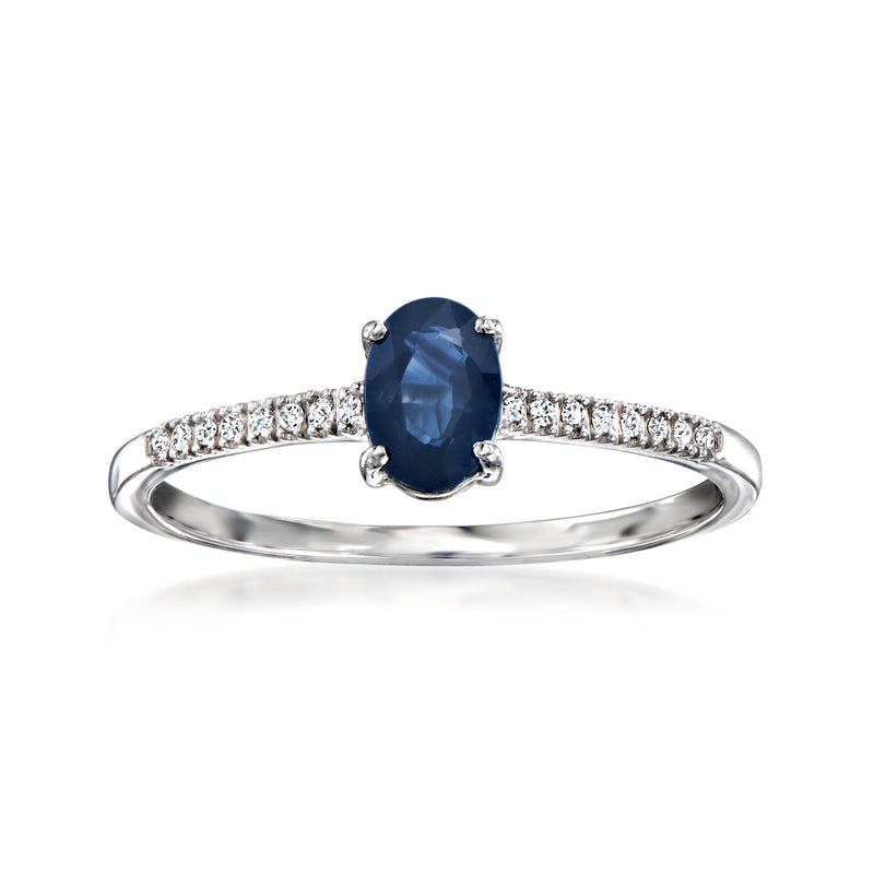 14kt white gold sapphire ring with oval blue sapphire and diamond accents, polished band
