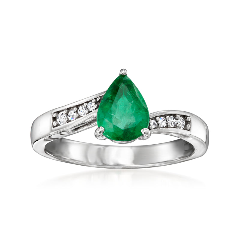 Pear-shaped emerald wavy ring with diamonds in white gold