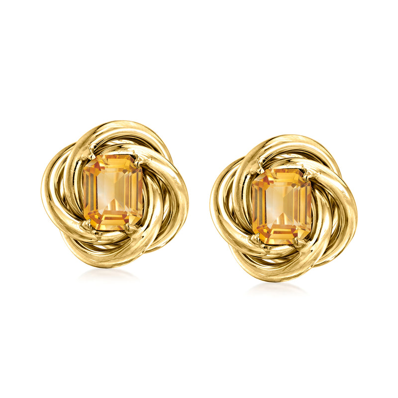 14kt yellow gold clip love-knot earrings with square citrine gemstone in twisted loops