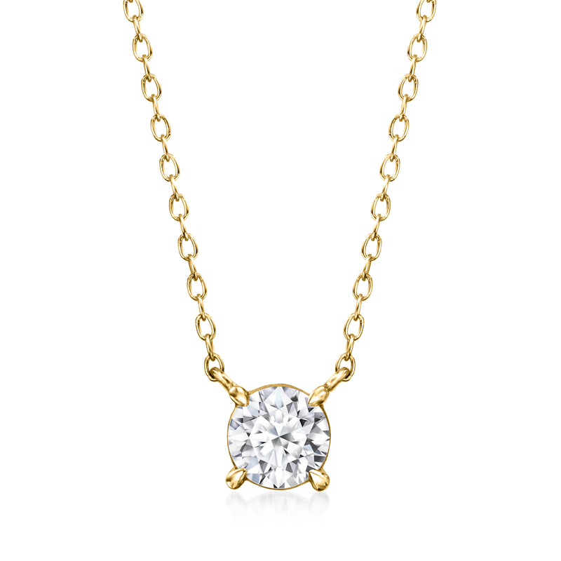 Gold solitaire diamond necklace with round bezel-set center stone and link chain