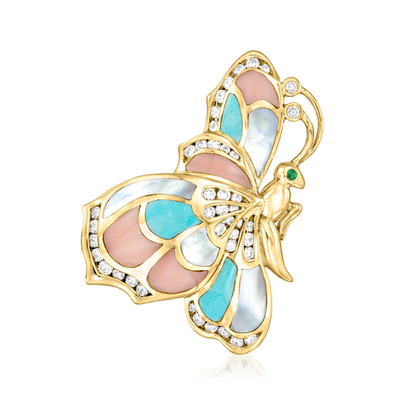 Gold butterfly pin with multicolored mother-of-pearl, diamond accents, and green gem