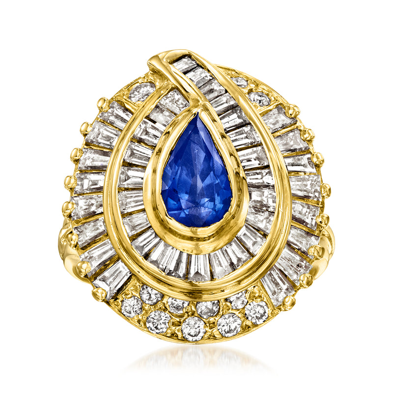 18kt yellow gold cocktail ring with teardrop blue sapphire center and diamond halo