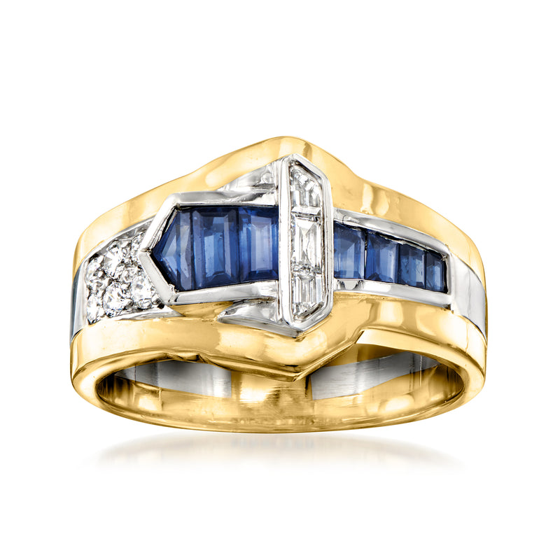 Vintage sapphire and diamond buckle ring in yellow gold and platinum with blue baguette stones