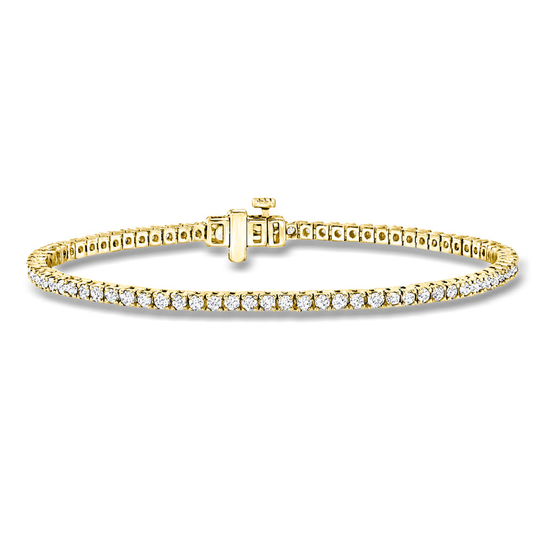Gold tennis bracelet with small round diamonds and open box clasp, tennis style row.