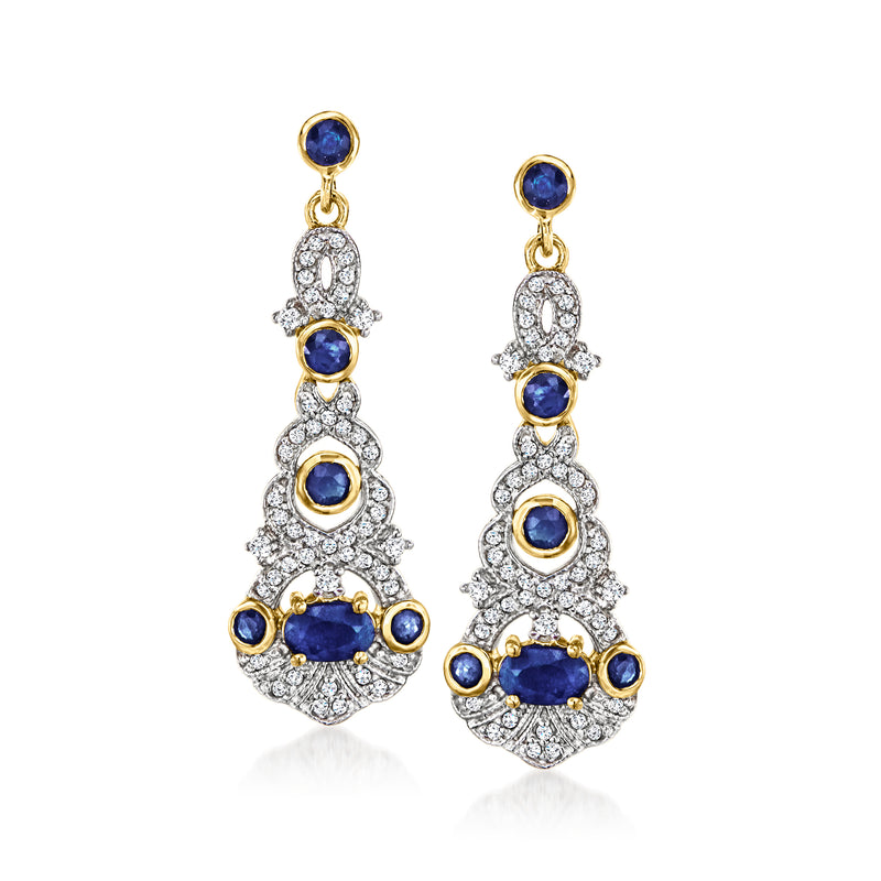 Gold-tone chandelier drop earrings with blue round stones and white zircon halos